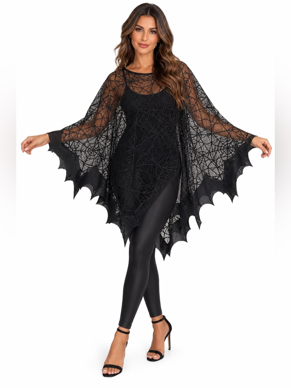 Halloween Black Spiderweb Lace Poncho Bat Trim Cape
